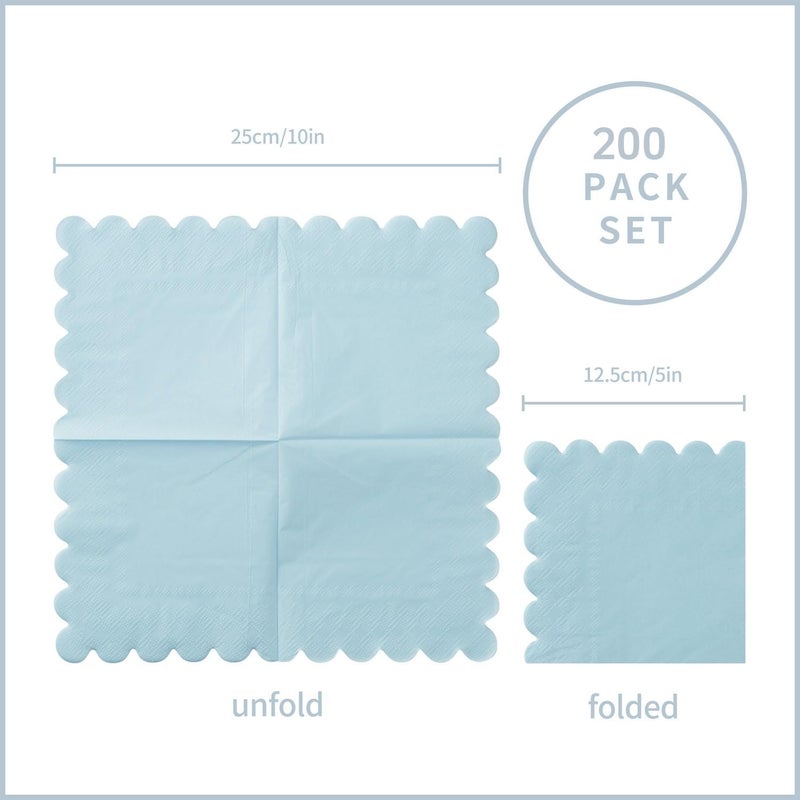 BEFORYOU 200 Pack Cocktail Napkin 2-Ply Scalloped Edged Dessert Napkins Folded 5 x 5 Inches Disposable Napkins for Dinner Wedding Birthday Party Bridal Anniversary Reception Event (Light Blue) - Image 2